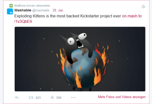 Tweet zur Exploding Kittens-Kampagne: "most backed" auf KIckstarter